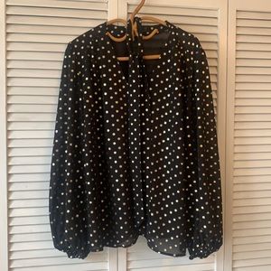 Balloon sleeve metallic polka dot tie neck